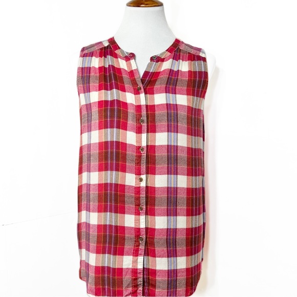Lucky Brand Colorful Plaid Sleeveless Buttondown Tunic Top, Red Pink White - Picture 8 of 10